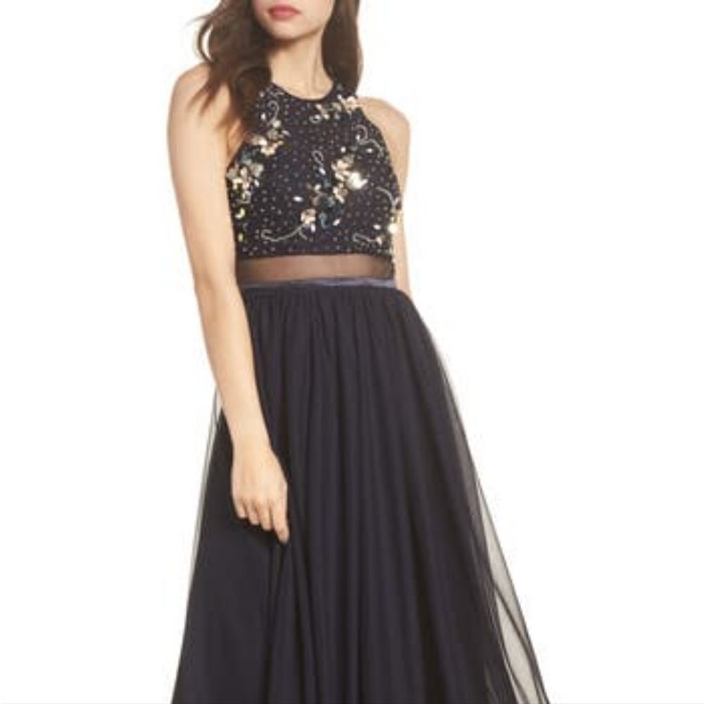 Sequin Hearts Sleeveless Embellished A-Line Gown-NAVY-7